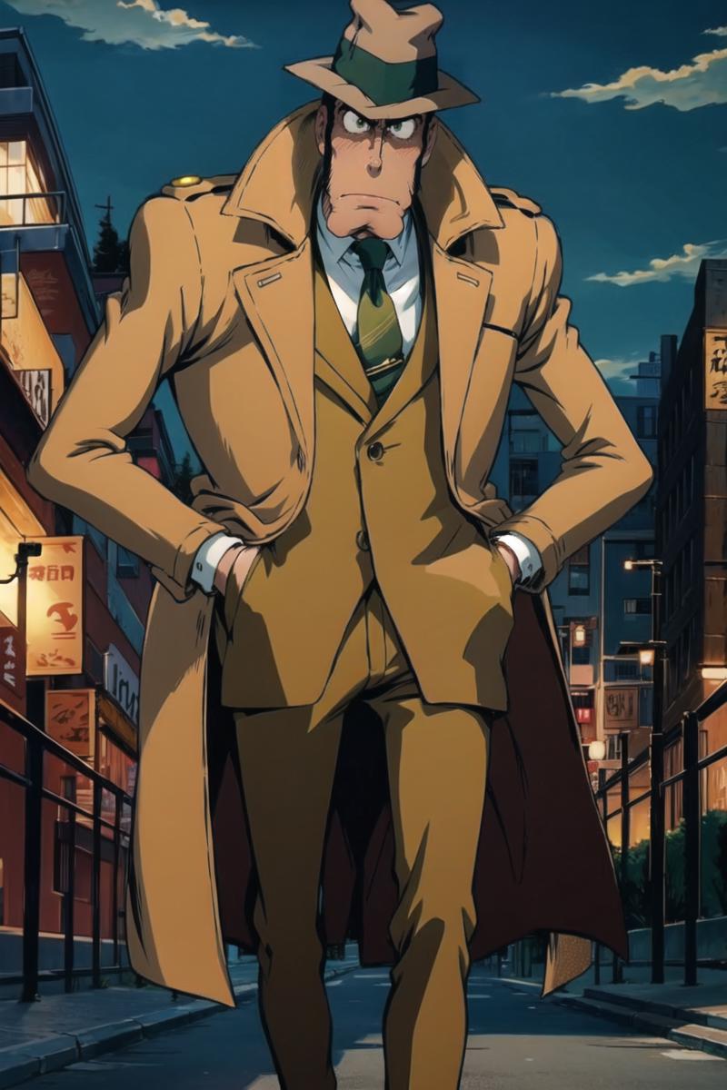 11408-1324208855-, zenigata,  trenchcoat, hands in coat pockets, walking, frown, night, looking down.png